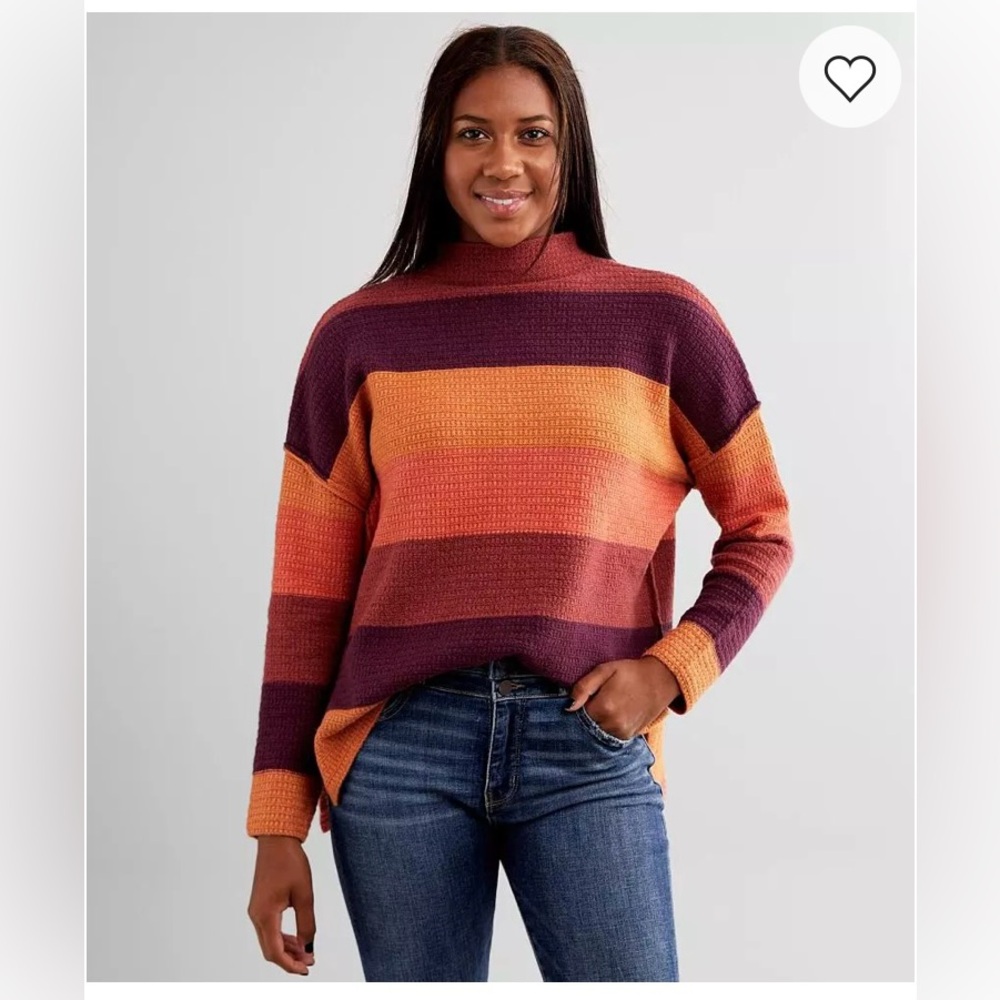 Buckle BKE Women’s Oversized Orange Mock Neck Sweater Striped Cotton Medium